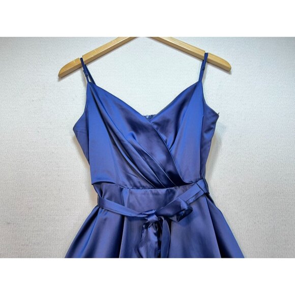 B. Smart Womens Fit & Flare Wrap Dress Size 9 Navy Satin Sleeveless Prom Party - Picture 3 of 10